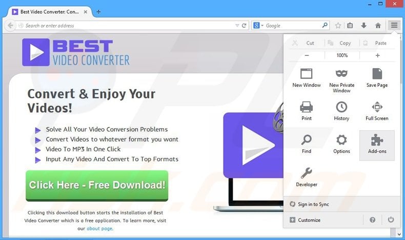 Removing BestVideoConverter ads from Mozilla Firefox step 1