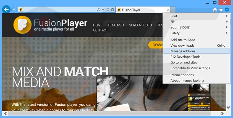 Removing FusionPlayer ads from Internet Explorer step 1