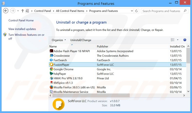 FusionPlayer adware uninstall via Control Panel