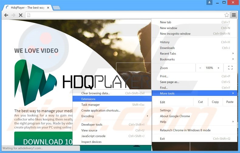 Removing hdqPlayer  ads from Google Chrome step 1