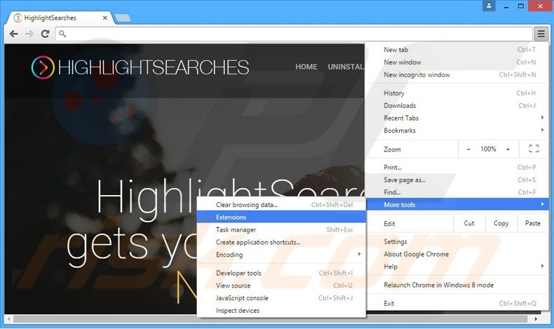 Removing HighlightSearches ads from Google Chrome step 1