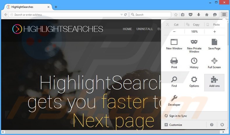 Removing HighlightSearches ads from Mozilla Firefox step 1