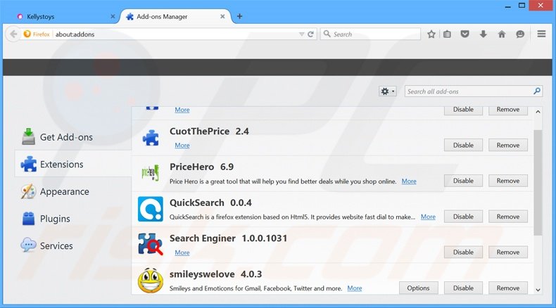 Removing HighlightSearches ads from Mozilla Firefox step 2