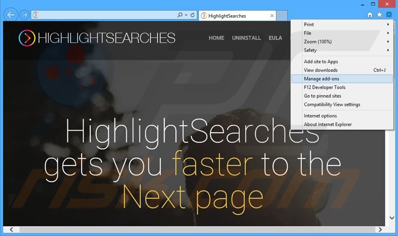 Removing HighlightSearches ads from Internet Explorer step 1