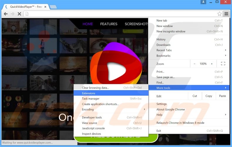 Removing QuickVideoPlayer  ads from Google Chrome step 1