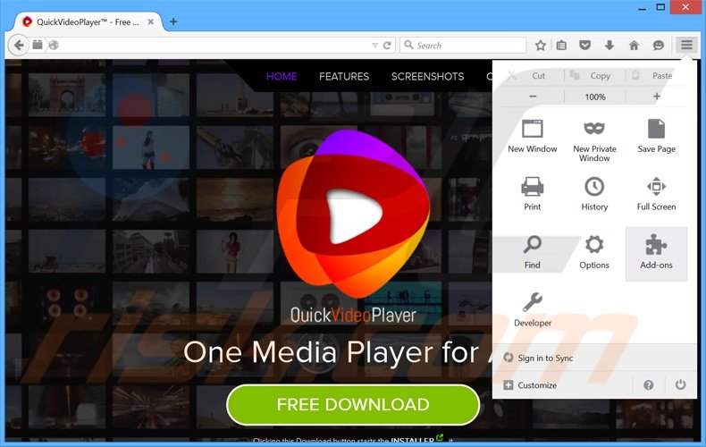 Removing QuickVideoPlayer ads from Mozilla Firefox step 1