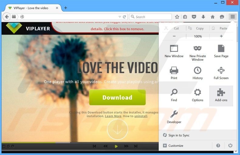 Removing ViPlayer ads from Mozilla Firefox step 1