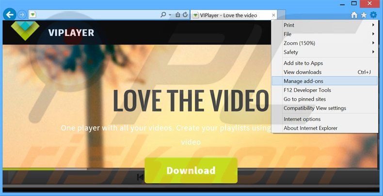 Removing ViPlayer ads from Internet Explorer step 1