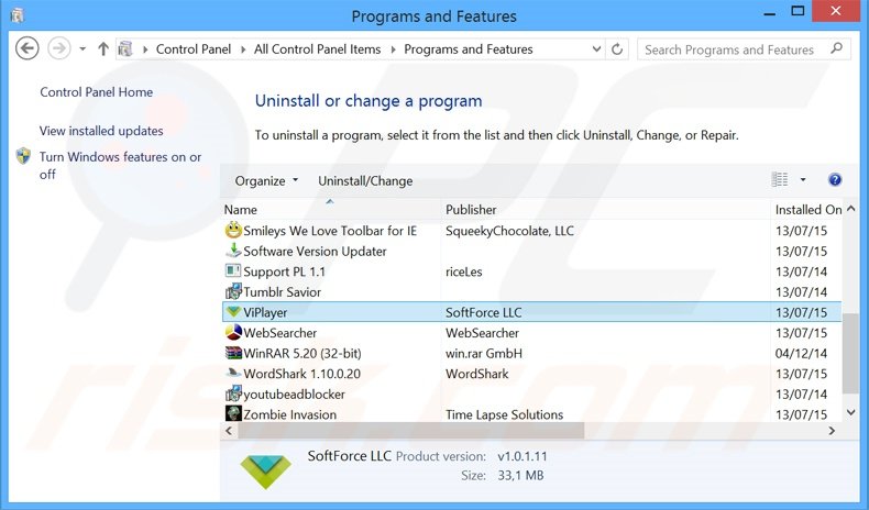 ViPlayer adware uninstall via Control Panel