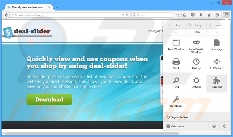 Removing deal-slider ads from Mozilla Firefox step 1