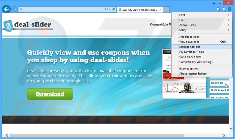 Removing deal-slider ads from Internet Explorer step 1