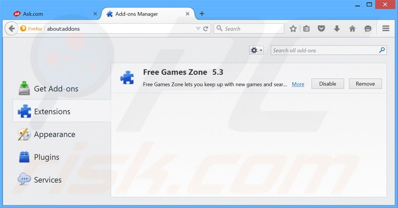 Removing Free Games Zone related Mozilla Firefox extensions