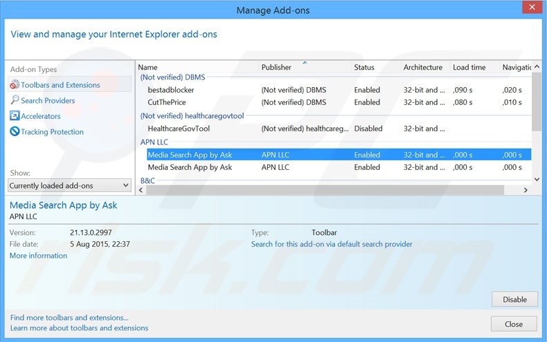 Removing Media Search App by Ask related Internet Explorer extensions