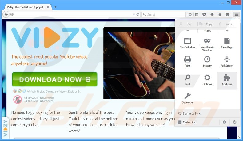 Removing Vidzy Video Player ads from Mozilla Firefox step 1