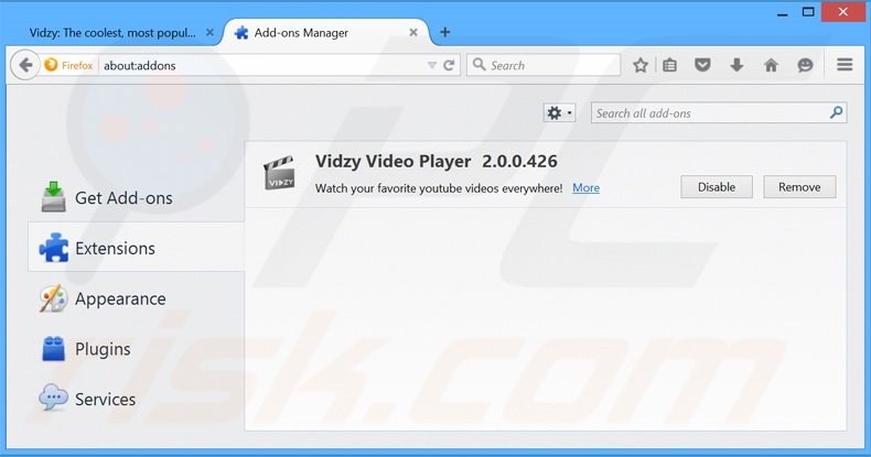 Removing Vidzy Video Player ads from Mozilla Firefox step 2