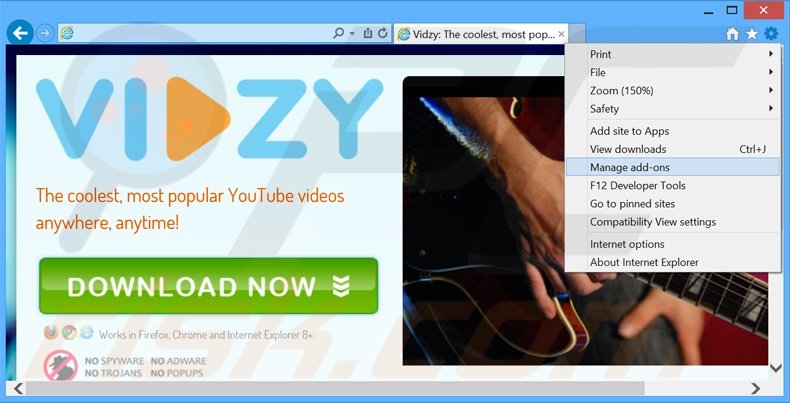 Removing Vidzy Video Player ads from Internet Explorer step 1