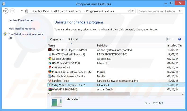 Vidzy Video Player adware uninstall via Control Panel