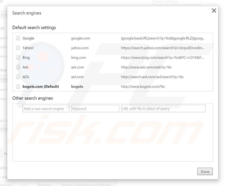 Removing bogots.com from Google Chrome default search engine
