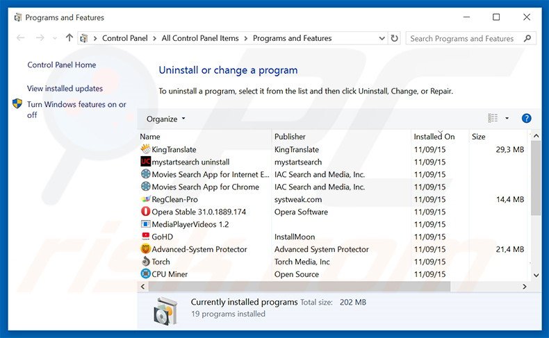 Cartt adware uninstall via Control Panel