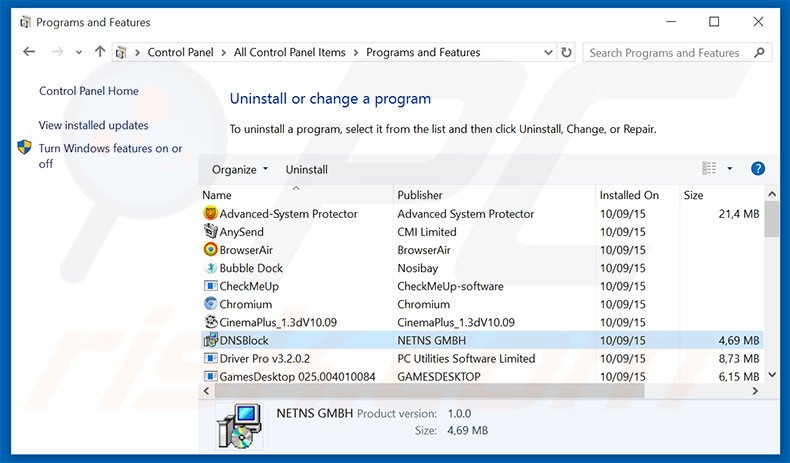 DNSBlock adware uninstall via Control Panel
