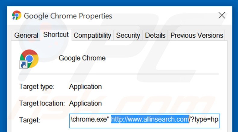 Removing allinsearch.com from Google Chrome shortcut target step 2