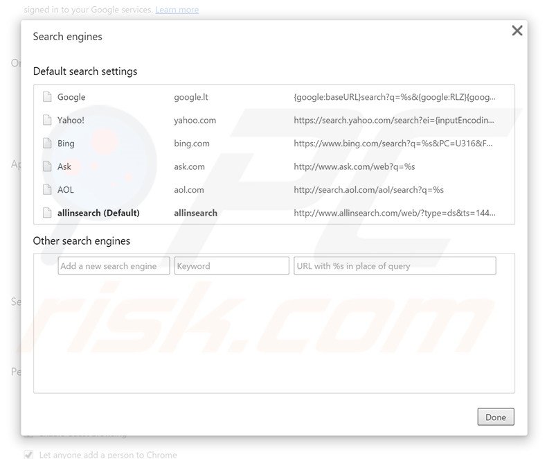 Removing allinsearch.com from Google Chrome default search engine