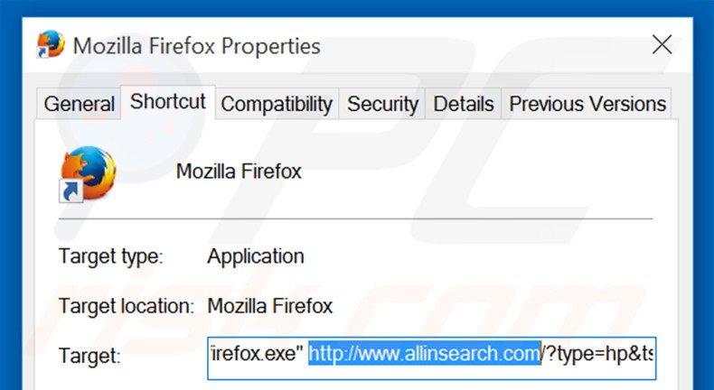 Removing allinsearch.com from Mozilla Firefox shortcut target step 2