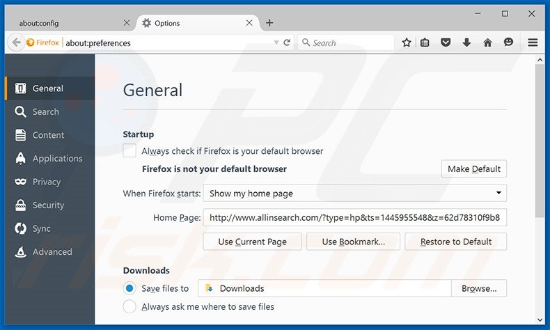Removing allinsearch.com from Mozilla Firefox homepage