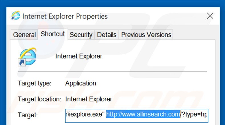 Removing allinsearch.com from Internet Explorer shortcut target step 2