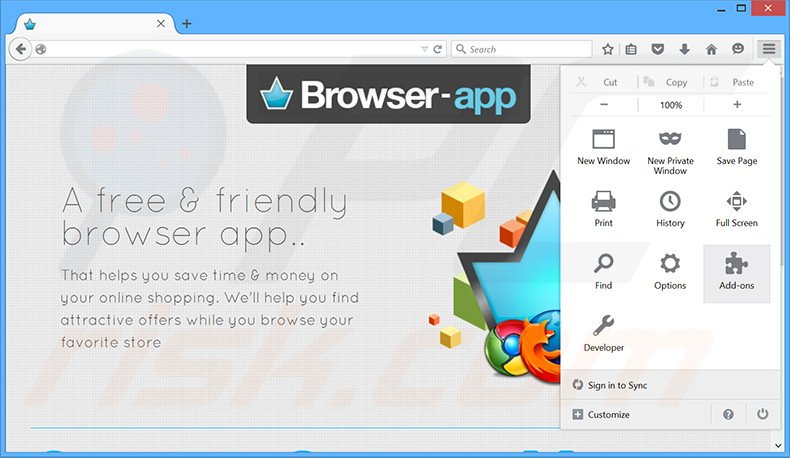 Removing Browser App+ v1 shopping ads from Mozilla Firefox step 1