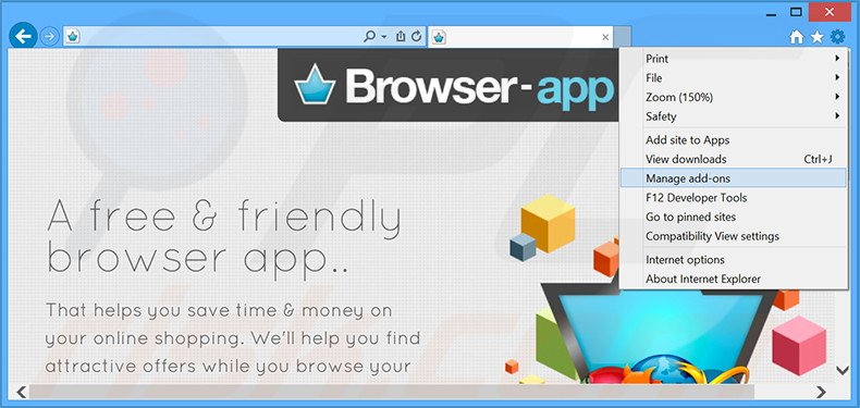 Removing Browser App+ v1 shopping ads from Internet Explorer step 1