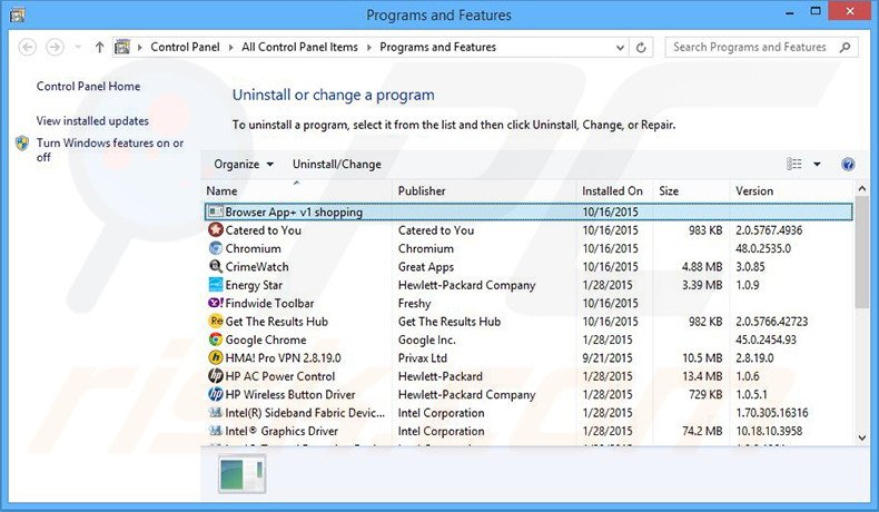 Browser App+ v1 shopping adware uninstall via Control Panel