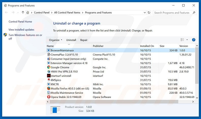 BrowserMaintainace adware uninstall via Control Panel