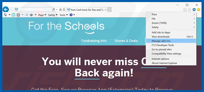 Removing ForTheSchools ads from Internet Explorer step 1