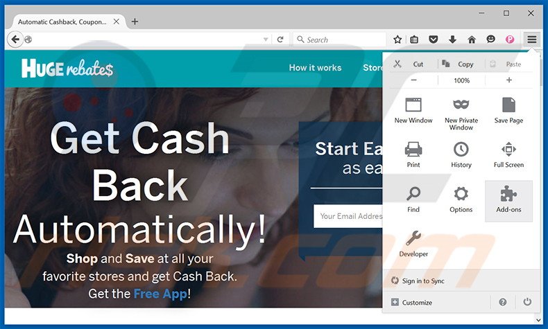 Removing HugeRebates ads from Mozilla Firefox step 1