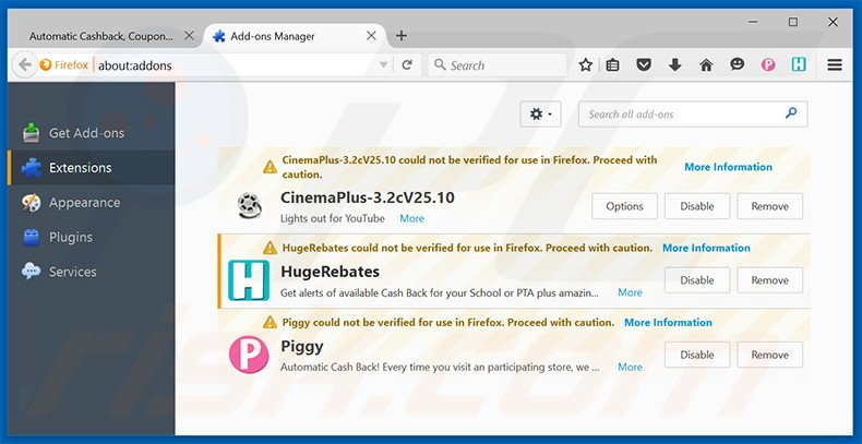 Removing HugeRebates ads from Mozilla Firefox step 2