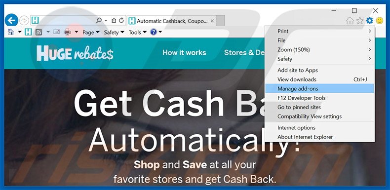 Removing HugeRebates ads from Internet Explorer step 1