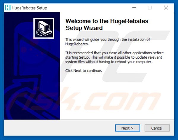 Official HugeRebates adware installation setup