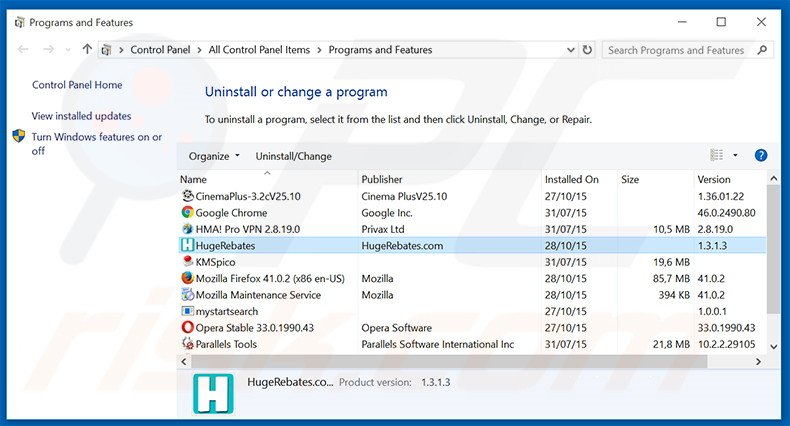 HugeRebates adware uninstall via Control Panel