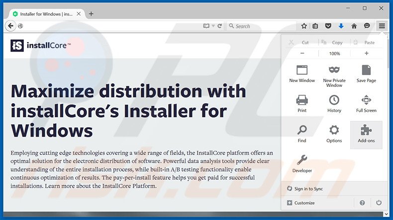 Removing installCore ads from Mozilla Firefox step 1