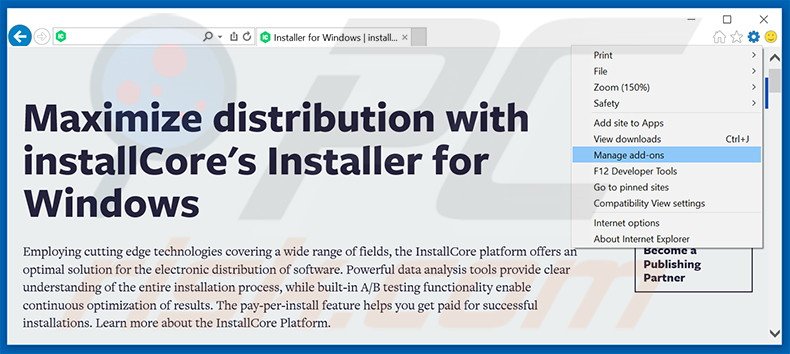 Removing installCore ads from Internet Explorer step 1
