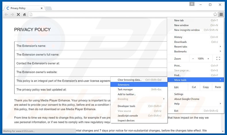 Removing MediaPlayerVideoz  ads from Google Chrome step 1