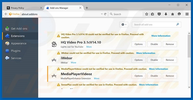 Removing MediaPlayerVideoz ads from Mozilla Firefox step 2