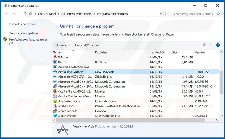 MediaPlayerVideoz adware uninstall via Control Panel