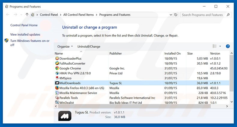 MiulDownloads adware uninstall via Control Panel