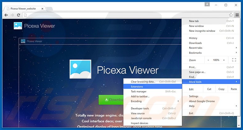 Removing Picexa  ads from Google Chrome step 1