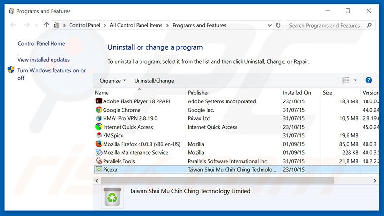 Picexa adware uninstall via Control Panel