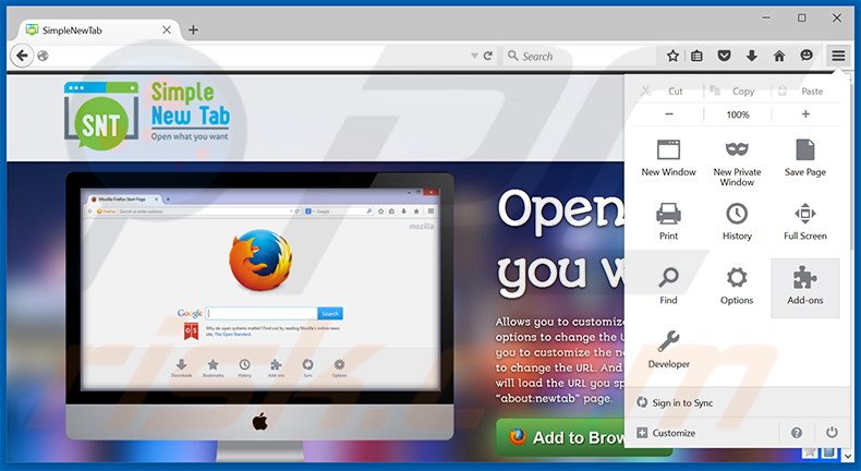 Removing Simple New Tab ads from Mozilla Firefox step 1