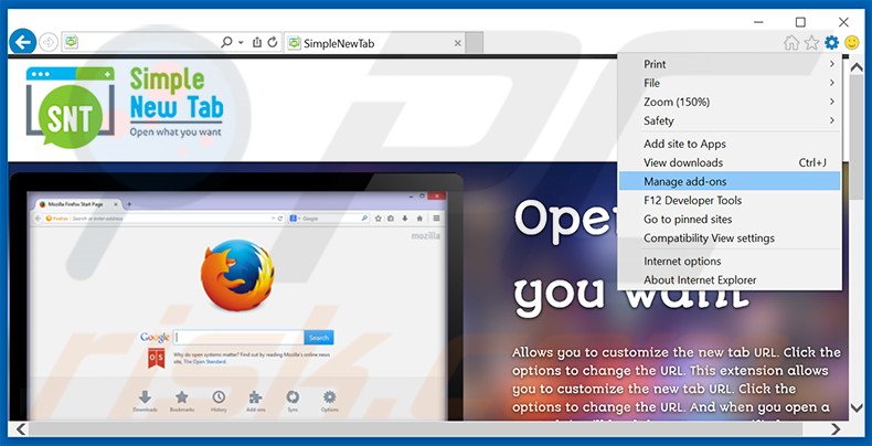 Removing Simple New Tab ads from Internet Explorer step 1