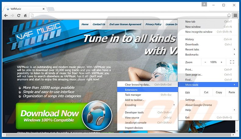 Removing VAFMusic  ads from Google Chrome step 1